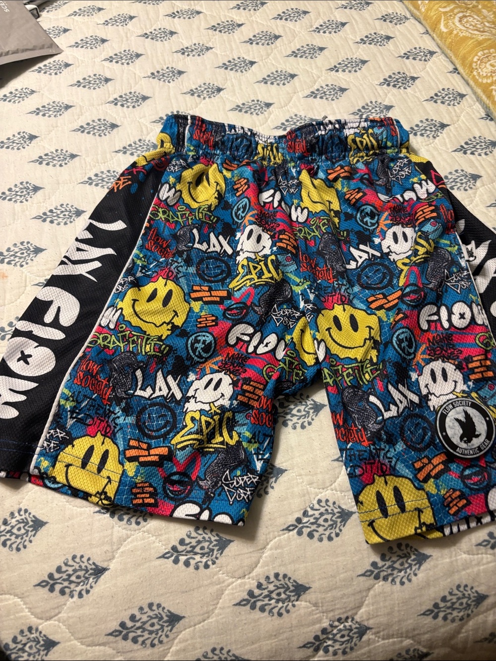 Kids Flow Society Graffiti Print Athletic Shorts - Yellow & Blue